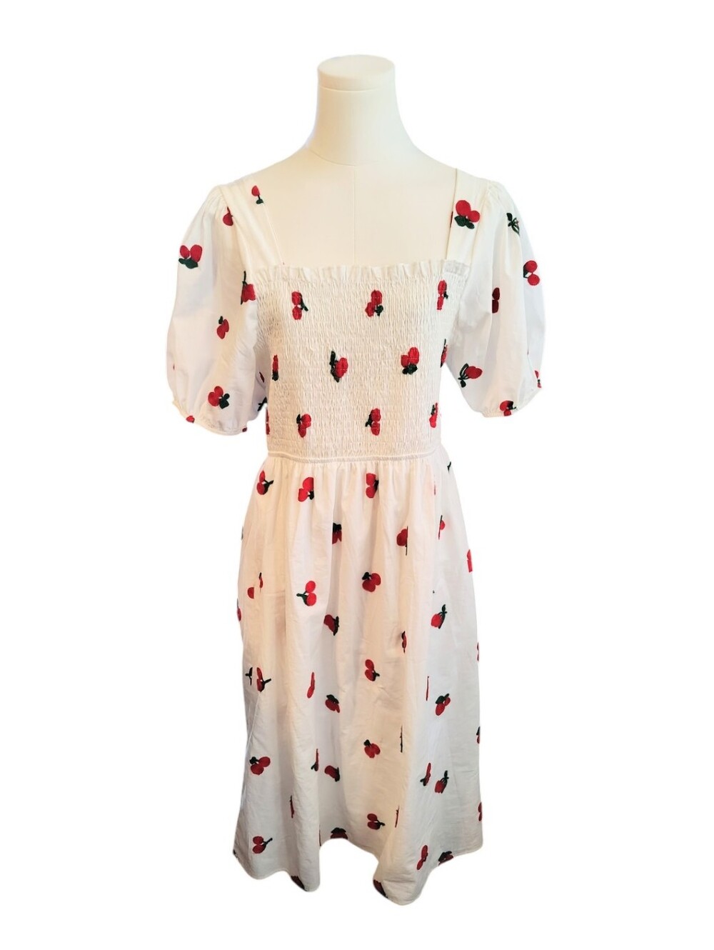 Ana & Rose Cherry Embroidered White Puffy Sleeve Smock Cottage Dress Size Large
